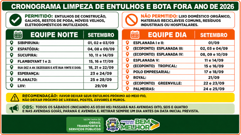 Divulgado calendário de limpeza de entulhos e bota-fora para setembro de 2026